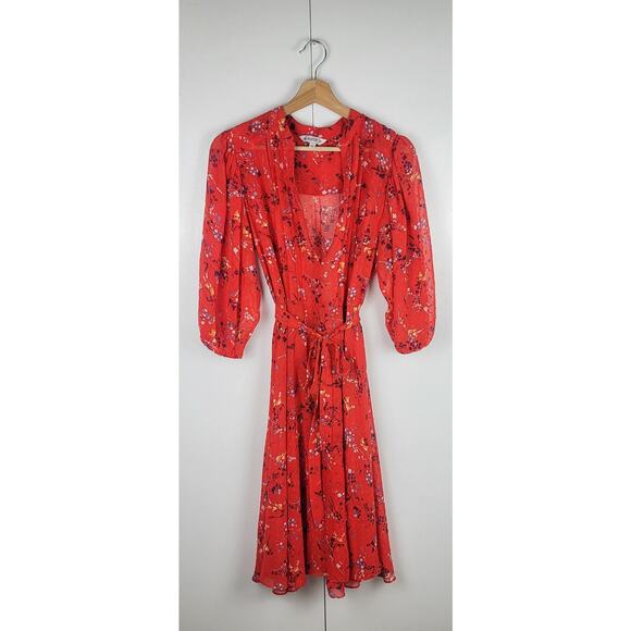 Nanette Lepore Pleated Floral Red Midi Dress Waist Tie | Medium 8 - Picture 2 of 10
